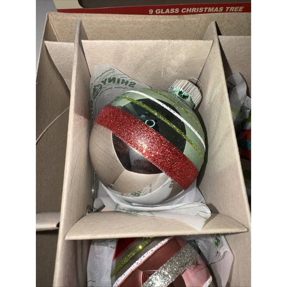 Christopher Radko SHINY BRITE Glass Ornaments Set of 9 Indents‎ Bells Striped